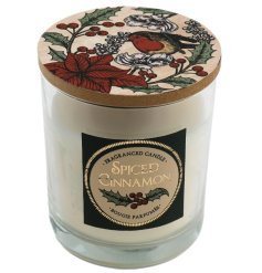 A pretty scented candle pot with a wooden decorated lid, 