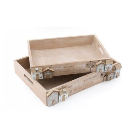 S/2 Wooden Houses Trays, 40cm