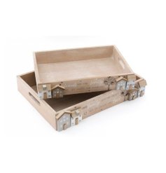 A charming set of 2 wooden trays with 3D houses and pretty decals.