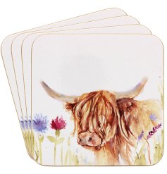A set of 4 cork coasters covered in a beautiful highland cow meadow design.