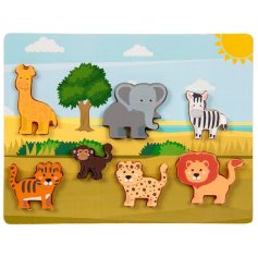 A colourful inset puzzle featuring 7 zoo animal pieces set on a jungle style board