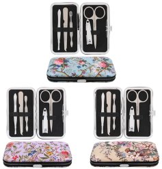A charming manicure set with bird and flower illustrations.