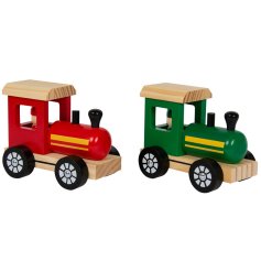 2 lovely assorted wooden train toys in traditional red and green colours. 