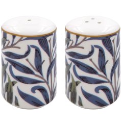 2 fashionable pots for salt and pepper with leaf pattern.