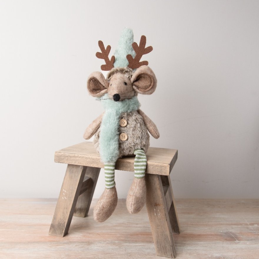 Sitting Mouse w/ Antlers & Blue Scarf