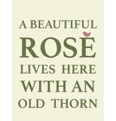 Introducing our hilarious "A Beautiful Rose Lives Here With An Old Thorn" metal sign, the perfect addition to any home