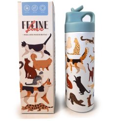 A sturdy and durable drinks bottle illustrated with an array of cat illustrations. 