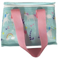 A charming pink and blue magic unicorn lunch bag.