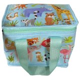 An adorable blue lunch bag with a joyful animal pattern.