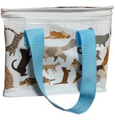A collapsable lunch bag covered in different felines. 