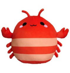 A soft toy in the shape of a cute smiling red lobster.