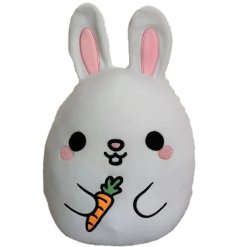 A soft cute bunny toy carrying a tiny carrot.