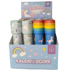 An assortment of 2 kaleidoscopes each with a cute rainbow and unicorn pattern.