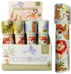 A miniature and colourful kaleidoscope featuring an illustration of zoo animals.