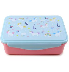 A cute pink and blue container for lunch.