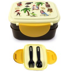 A small black and yellow child's lunch box made in a pirate design.