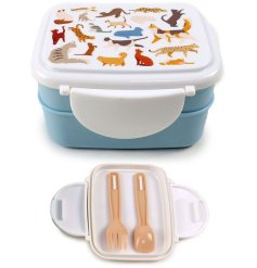 A neat children's lunch box with cat illustrations.