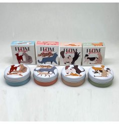 An assortment of 4 lip balms in a cat print tin.