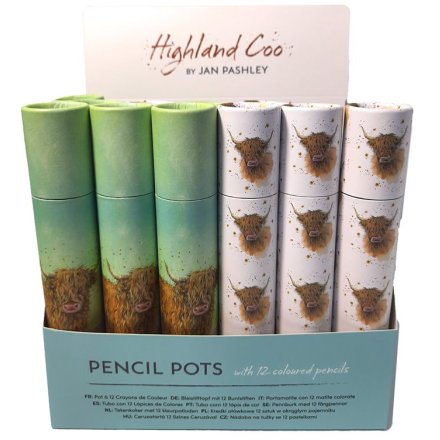 Highland Cow Pencil Pot With 12 Colouring Pencils,12A, 19.5cm