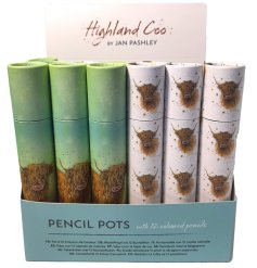 An assortment of 12 Highland Cow pattern colouring pencils.