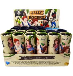 12 colouring pencils in a tube pot with adventurous pirate illustrations.