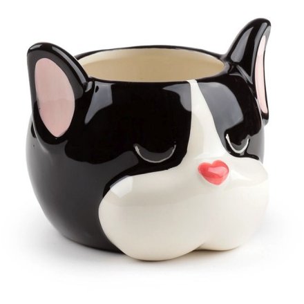 A black and white pot for indoor flowers in the shape of a french bulldog's face