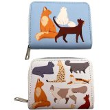 An assortment of 2 pocket blue and white wallets with cat images.