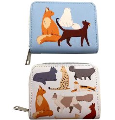 An assortment of 2 pocket blue and white wallets with cat images.