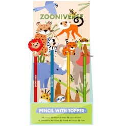 A Children's wooden pencil with adorable animals toppers.