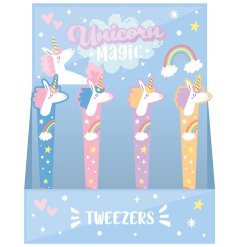 An assortment of 4 dreamy colourful magic tweezers with a unicorn picture.