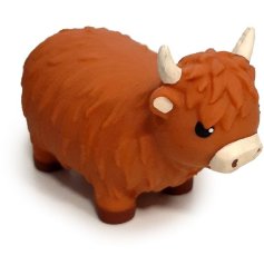 A cute children's squeeze toy in a highland cow shape.
