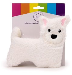 A cute and fluffy microwavable heat pack in the shape of a Westie