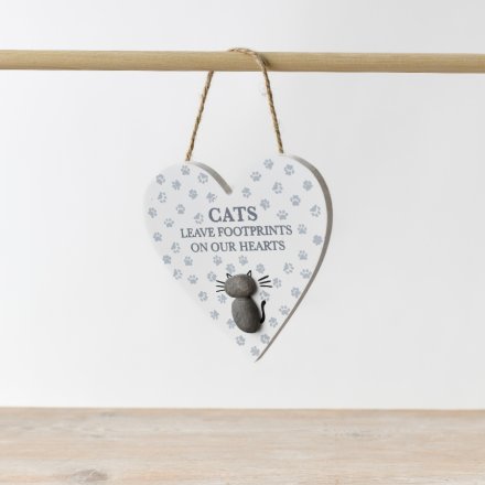 'Cats Leave Footprints' Heart Pebble Hanger