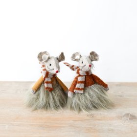 An assortment featuring two endearing fabric mice dressed in autumn-inspired sweaters and matching scarves.