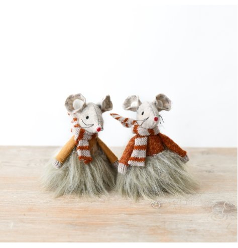 A pair of charming fabric mice, each sporting cosy autumn jumpers and matching scarves