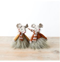 An assortment of two charming fabric mice styling autumn-themed sweaters and coordinating scarves.