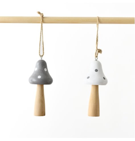 An assortment of two wooden mushroom hangers, available in white and grey