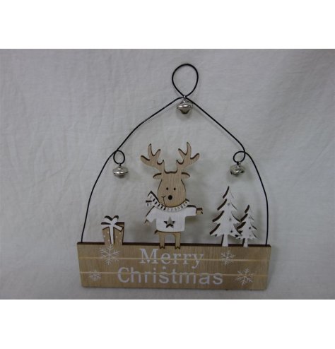 Neutral Wooden Plaque -Reindeer & Bells, 18cm