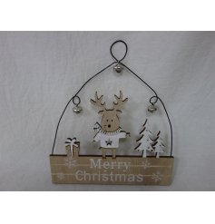 3 Bells Reindeer Merry Christmas Hanger, 18cm