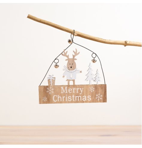 Neutral Wooden Plaque -Reindeer & Bells, 18cm