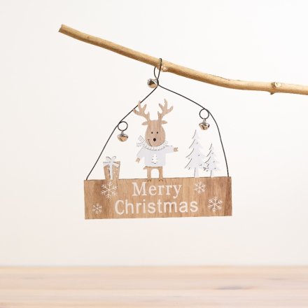 Neutral Wooden Plaque -Reindeer & Bells, 18cm