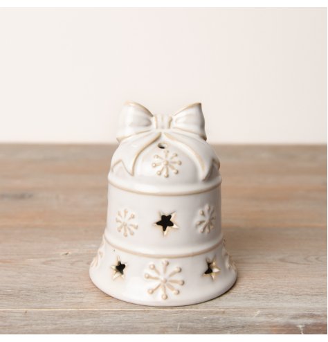 An enchanting LED bell ornament with reactive glazing, adorned with star cut-outs and embossed snowflakes.