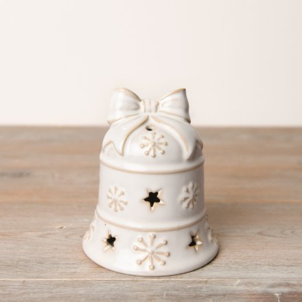 A beautiful LED bell ornament with a reactive glaze, featuring star cutouts and embossed snowflakes. 