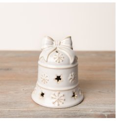 A beautiful LED bell ornament with a reactive glaze, featuring star cutouts and embossed snowflakes. 