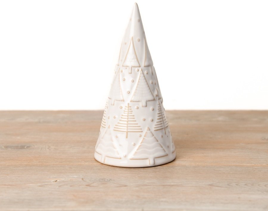 A Christmas tree with a simple shape adorned in a reactive glaze