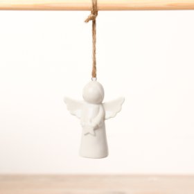A tiny ceramic angel with a jute string.