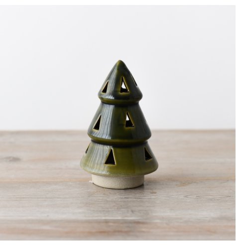 A fashionable and elegant LED tree featuring triangular cutouts, adorned with a beautiful forest green natural glaze