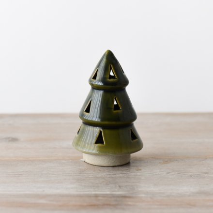 A fashionable and elegant LED tree featuring triangular cutouts, adorned with a beautiful forest green natural glaze