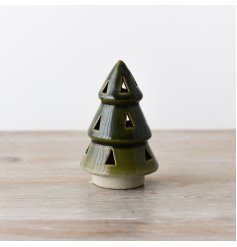 A stylish and chic LED tree with triangle cut outs in a stunning forest green natural glaze.