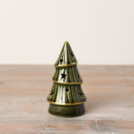 An elegant forest green ceramic LED tree with a stunning gold trim and complete with star and dot cut outs. 